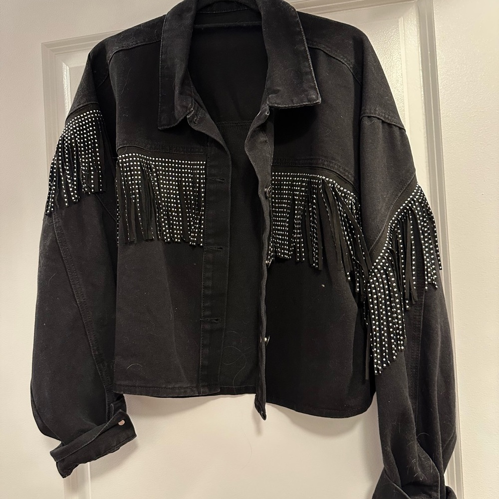 Black fringe jean jacket